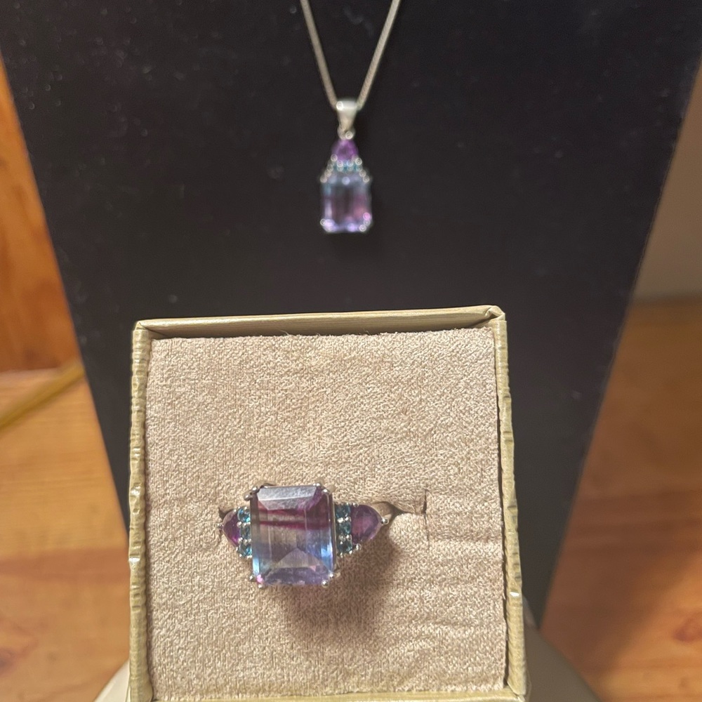 JTV bi color Fluorite rhodium over sterling ring size 11 with match pendant 18”